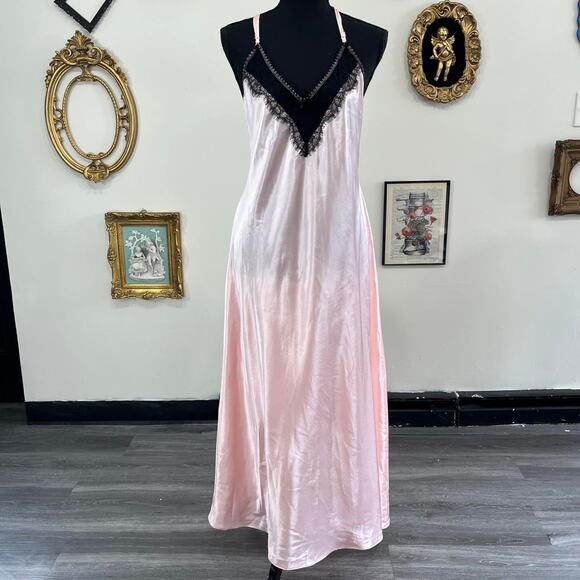 Vintage Pink Satin and Black Lace Lingerie Slip Dress by Linea Donatella size L - Picture 1 of 6